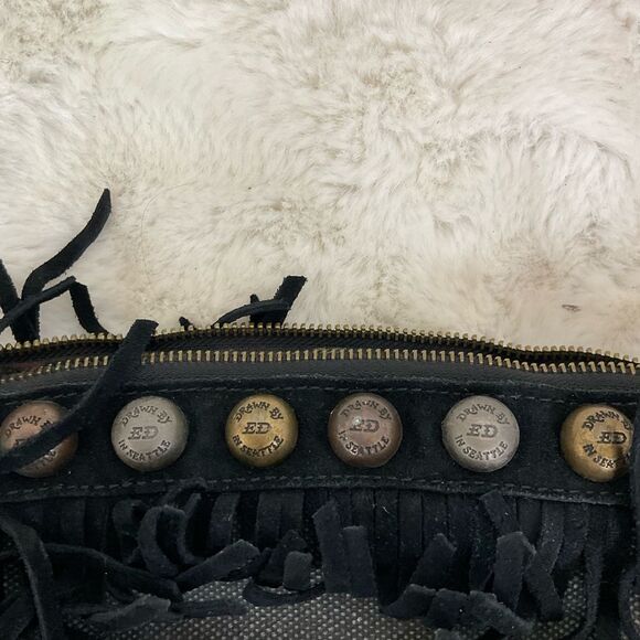 Ed Hardy Vintage Black Cow Leather Canvas Fringe Studded Clutch Wristlet - Picture 16 of 17